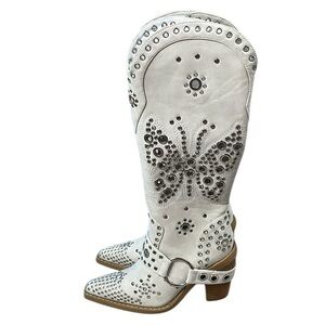 New Dolls Kill Current Mood White Studded Butterfly Cowboy Boots Festival Sz 6